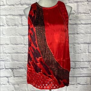 CAbi Red and Black Patchwork Silk Blend Burnout Top